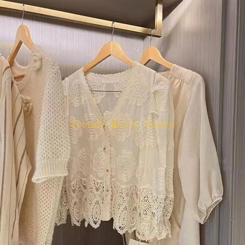 

N5KB Teens Students Vintage Hollow out Shirt Summer Long Sleeve Loose Knit Shirt