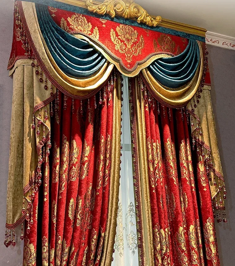 Red Gilded Jacquard Thickened Chenille Patched Curtains for Living Room Bedroom French Window Villa Customization Valance