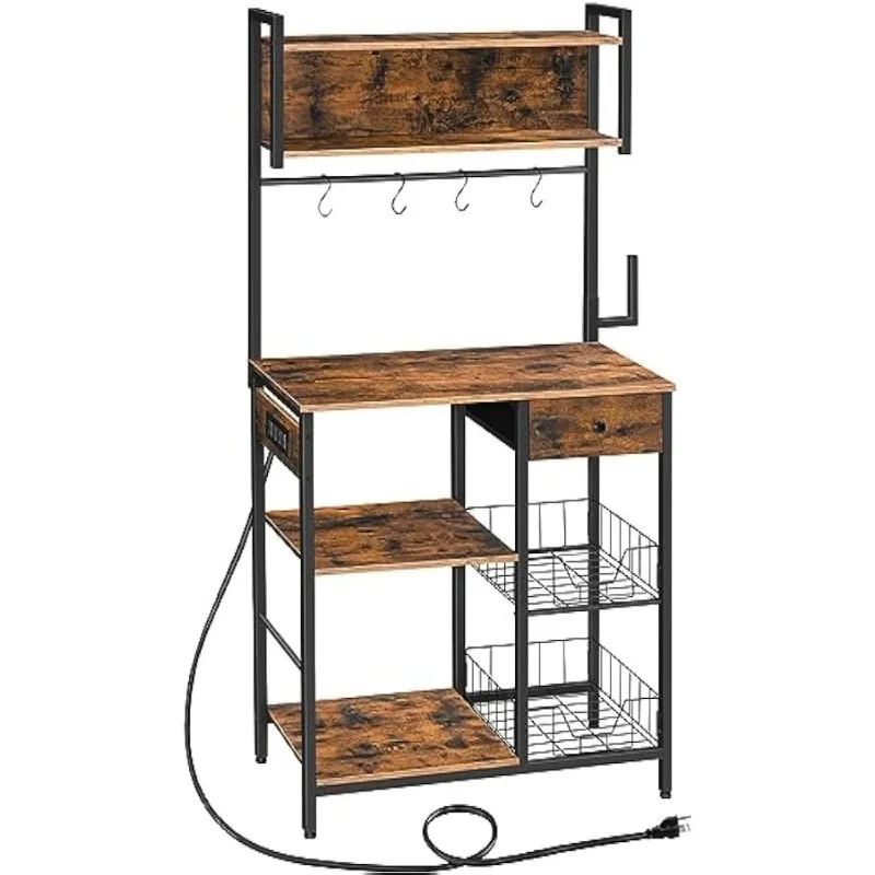 

Bakers Rack with 4 AC Power Outlets, 5-Tier Coffee Bar with Wire Basket, Microwave Stand with Paper Holder and Drawer, Ki