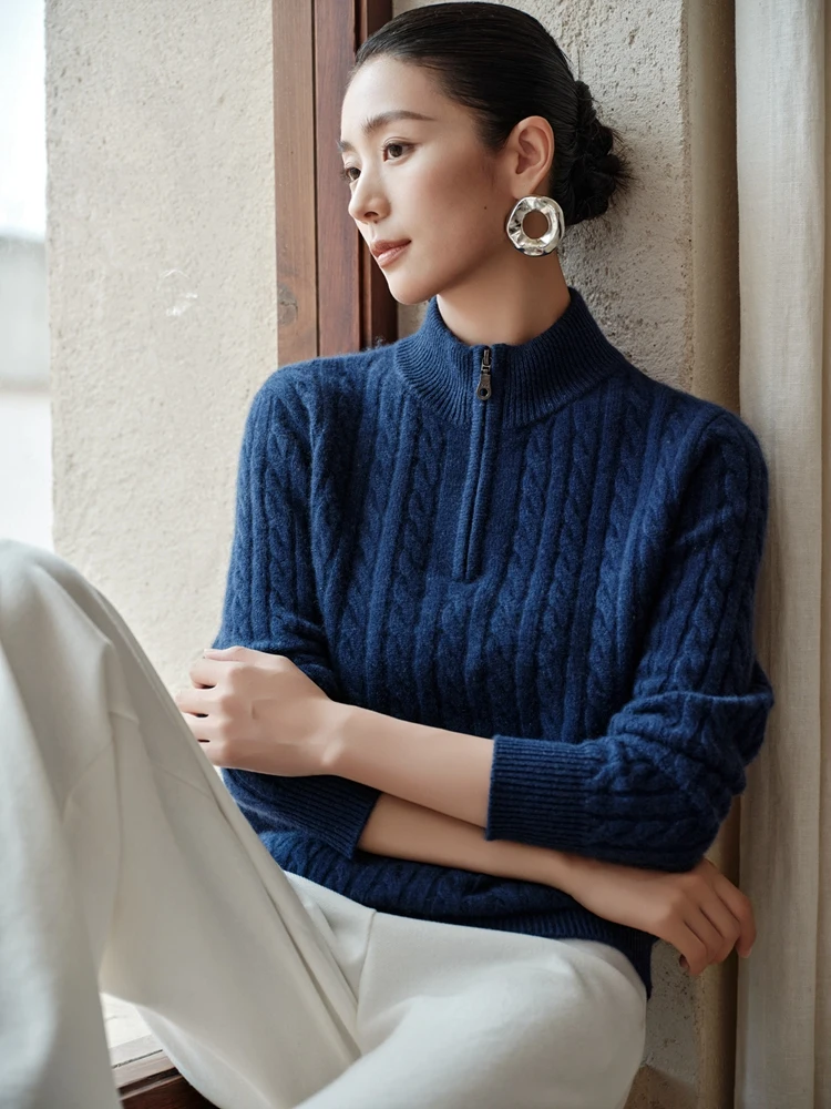 

TLOML High Quality Women's 100% Cashmere Sweater Half Zipper Mock Neck Pullover Autumn Winter Cashmere Thick Cable Kniting Tops