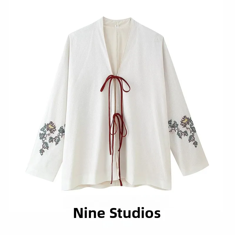 

Свободное льняное пальто с вышивкой для женщин, с поясом, повседневное, модное, для работы, с длинными рукавами, V-образным вырезом