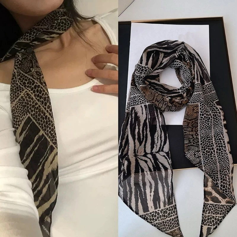 Women Trendy Leopard Print Silk Scarf 2000s Cool Girl Casual Western Thin Long Chiffon Scarf Neck Wrap for Party Club Daily Wear