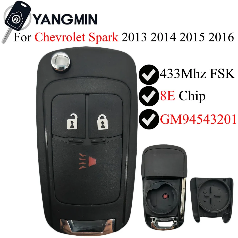

YANGMIN Original Flip Remote Car Key For 2013 2014 2015 2016 Chevrolet Spark GM94543201 433 MHZ 100% OEM 3 Buttons 8E Chip