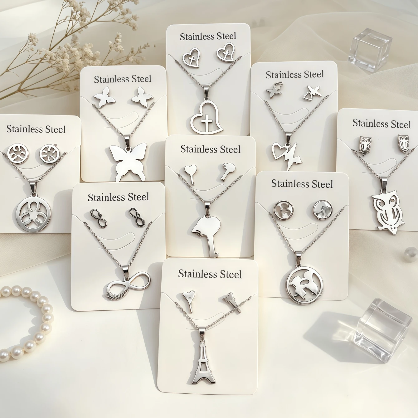9Sets Fashion Butterfly Owl Heart Stainless Steel Earrings Necklace Set For Women Mix Style Trendy Jewelry Party Gifts