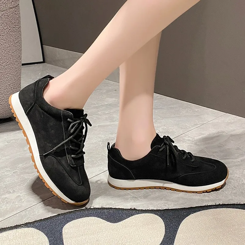 2024 Spring/Summer/Autumn New Classic Suede Retro Round Headed Lace up Flat Bottom Casual Large Size Single Shoes for Women