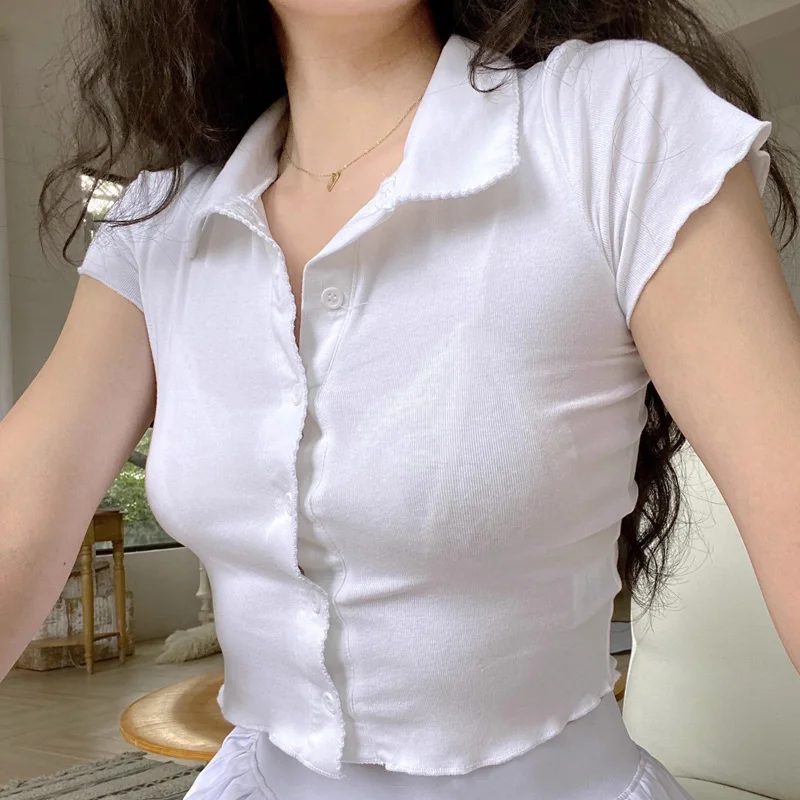 

Women's Button Through Collared Polo T-shirt With Trim Detail