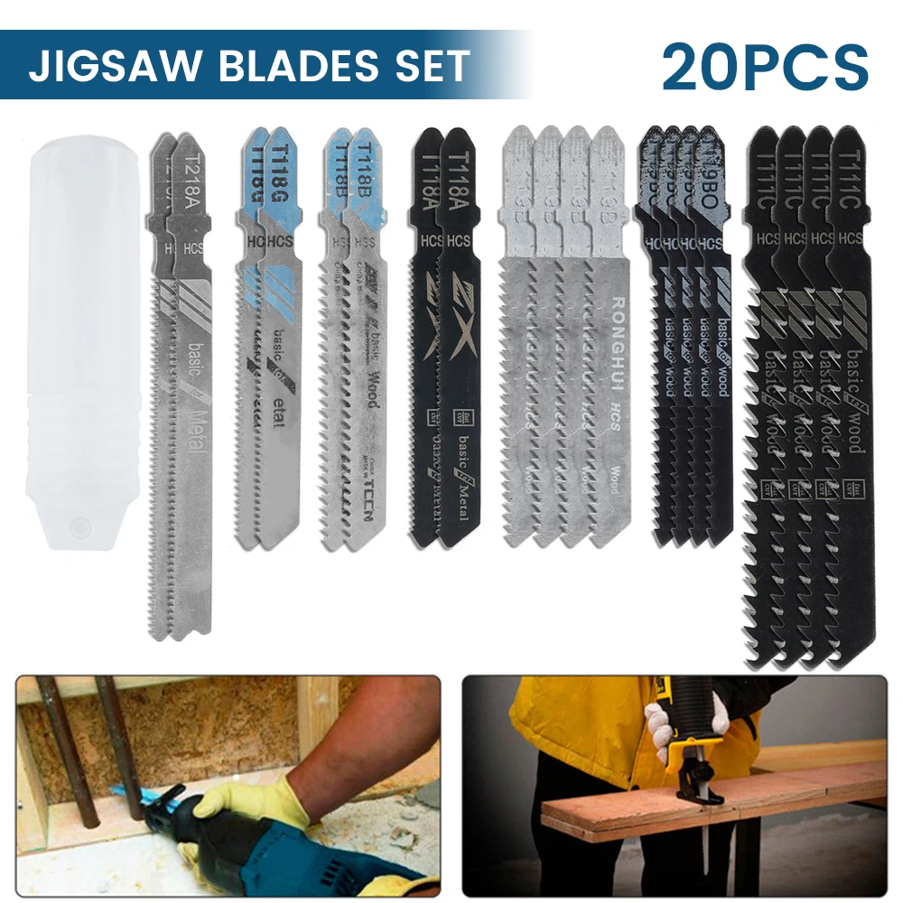 20Pcs Jigsaw Blades Set T-Shaft HCS Assorted Jig Saw Blades for Wood Plastic and Metal Cutting Blades forBlack & Decker Metabo