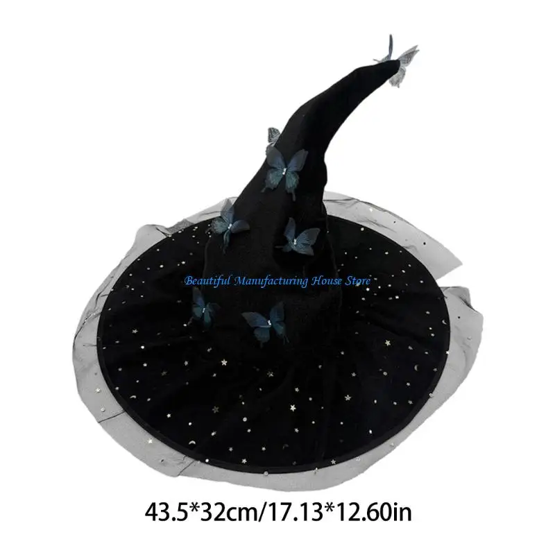 E56A Crinkle Foldable Witch Hat 3D Butterfly Embellishment Adjustable Head Size 43cm 4