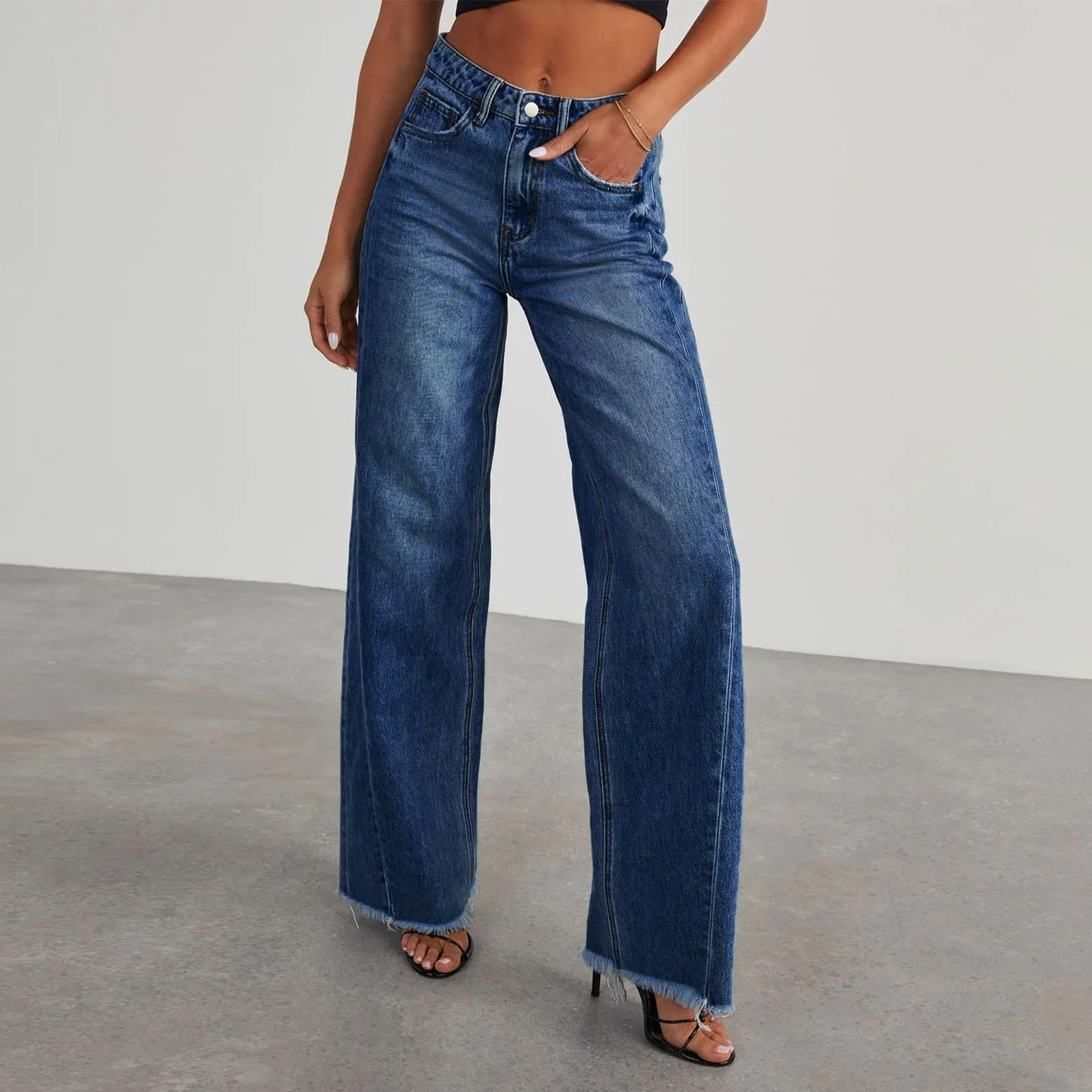 High-Waisted Straight-Leg Furred Jeans, Women'S New Fashion High-Waisted Wide-Leg Pants Jeans,Spring And Autumn For Women Y2k