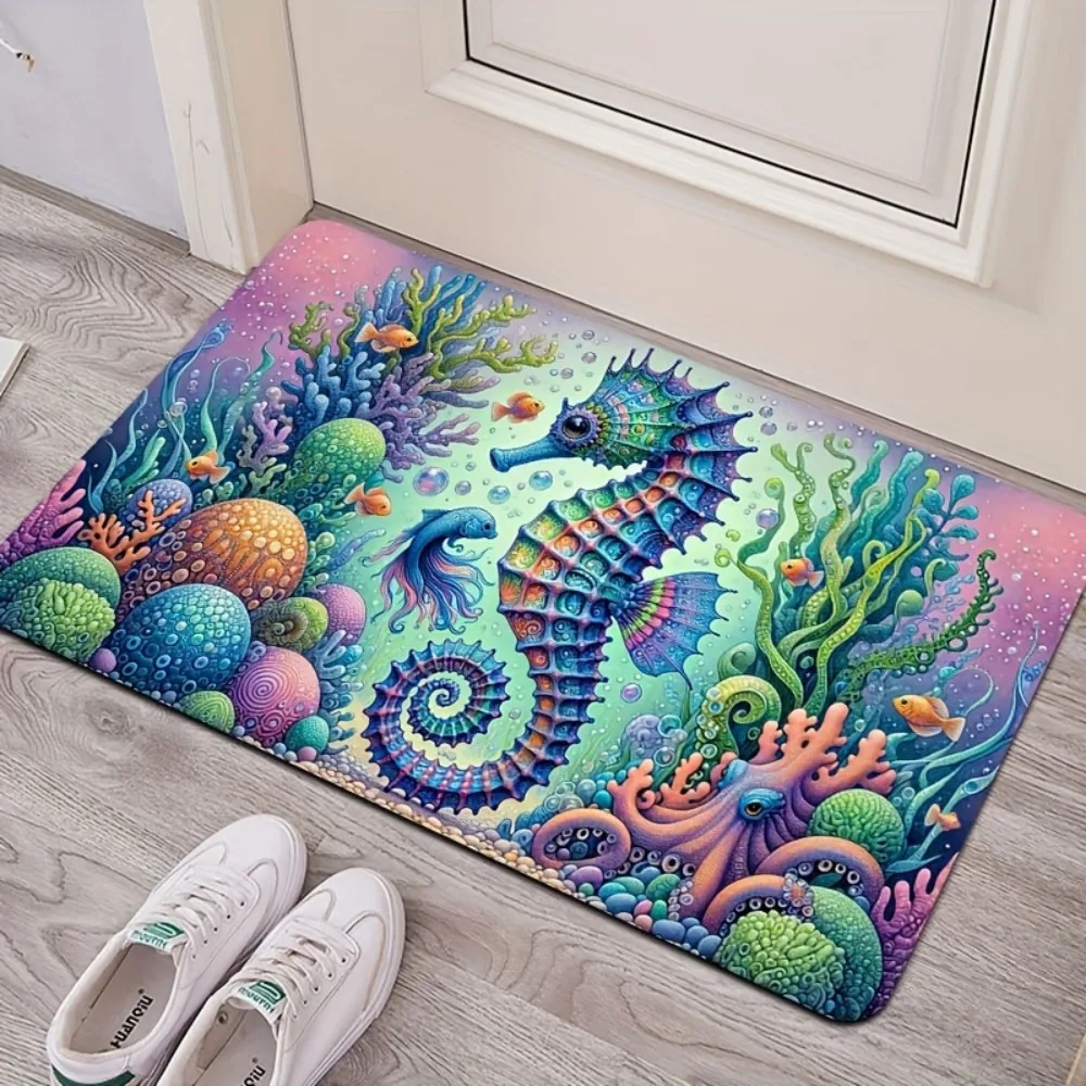 VIKAMA Seahorse Octopus Underwater World Printed Rug, Children's Room Play Mat - Shock-Absorbing, Machine Washable Home Decor