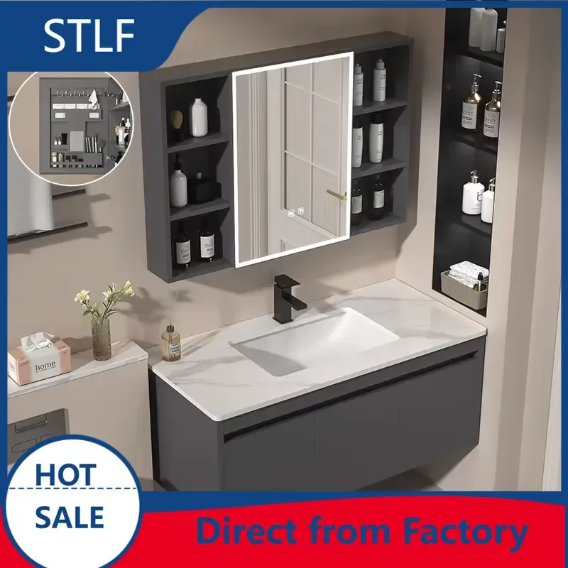 STLF Wholesale Space Aluminum Alloy Ceramic Integrated Sink Rock Slabsmart Bathroom Vanity Mirror Washbasin Bathroom Cabinet