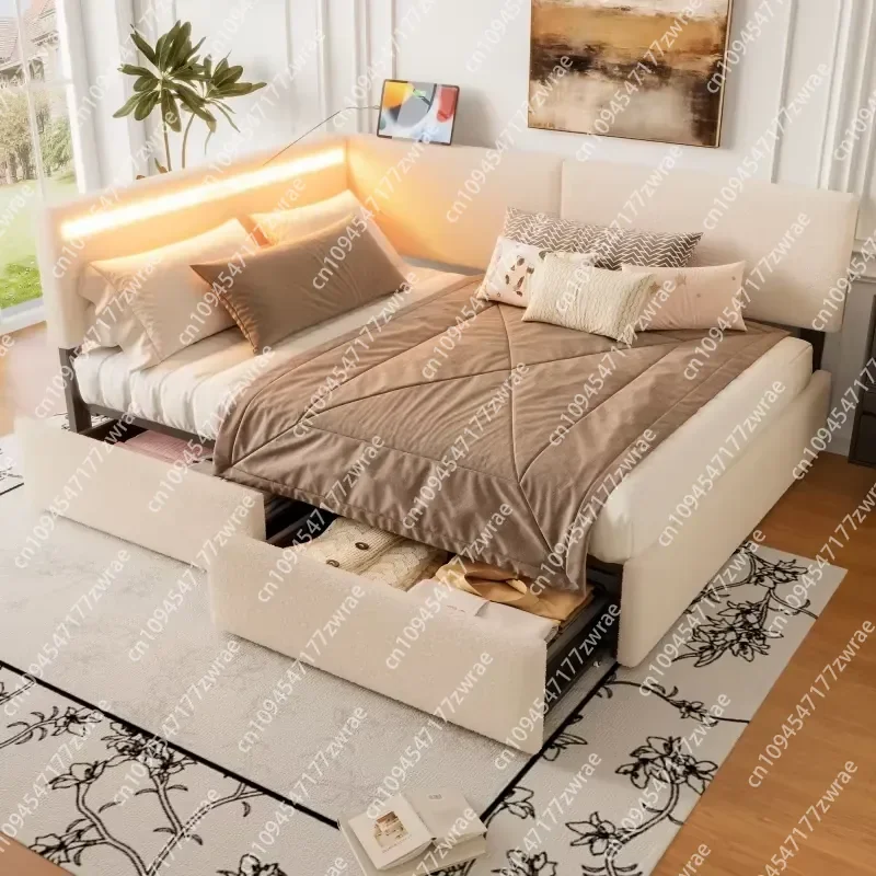 Luxury Beige USB Charging Design LED Light Two Storage Drawers Solid Wood Legs Upholstered Bed Frame for Bedroom