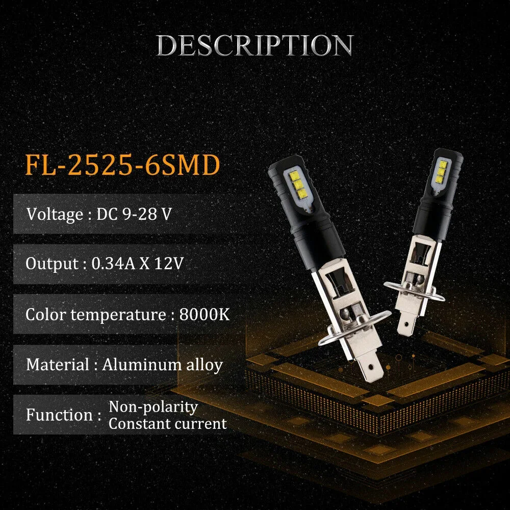 2x H1 160W 6000K 6000LM Super Bright White DRL LED Headlight Bulb Kit High Beam 2525 Chips Fog Lamp Driving Light  For Auto 12v