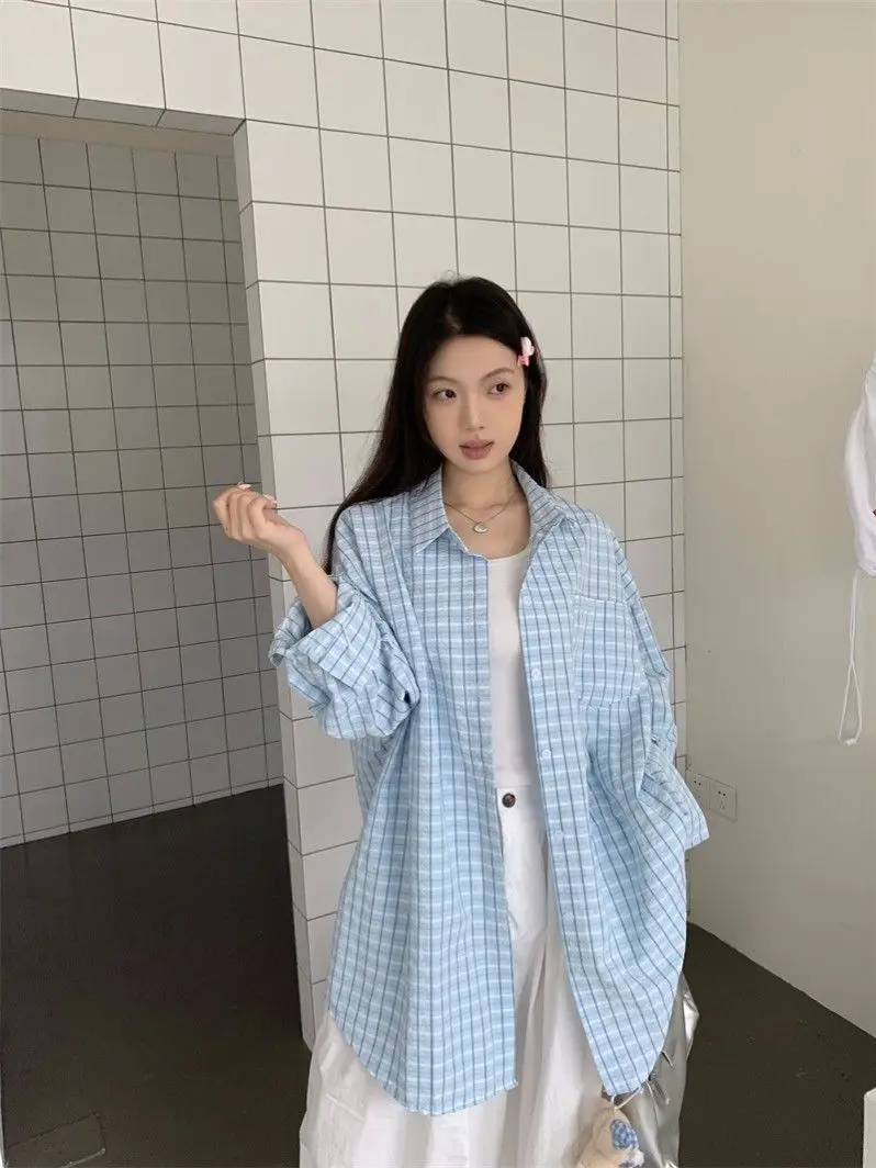 plus Size 300 Pounds American Plaid Long Sleeve Loose Slimming Summer Thin Sun Protection Shirt Women Casual Style Polyester ...