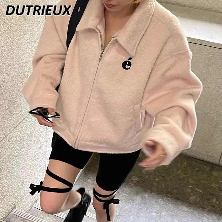 Icasual Jacket Fashion New Japanese Style Plush Letter Embroidered Zipper Jackets Femme Autumn and Winter Short Coats for Women