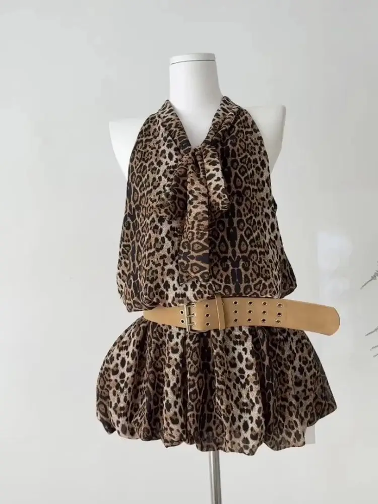 

Women's Summer 2025 New Arrival Sexy Backless Halter Neck Dress Elegant Cinched Waist Chiffon Leopard Print Sleeveless Style Hot