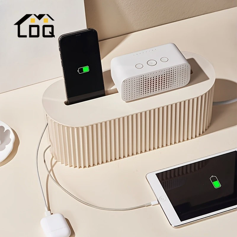 

Large Beige Cable Organizer Box – Stackable Cord Management Box with Lid, Desk & Home Office Organizer