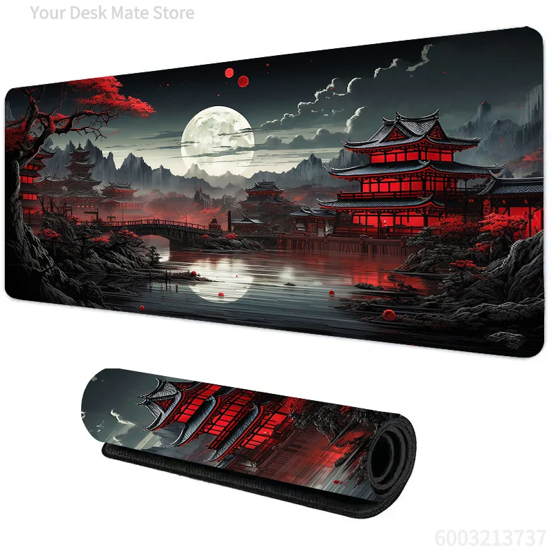 

Black Red Japanese Castle Large Mouse Pad Night River View Desk Mat for Office & Gaming