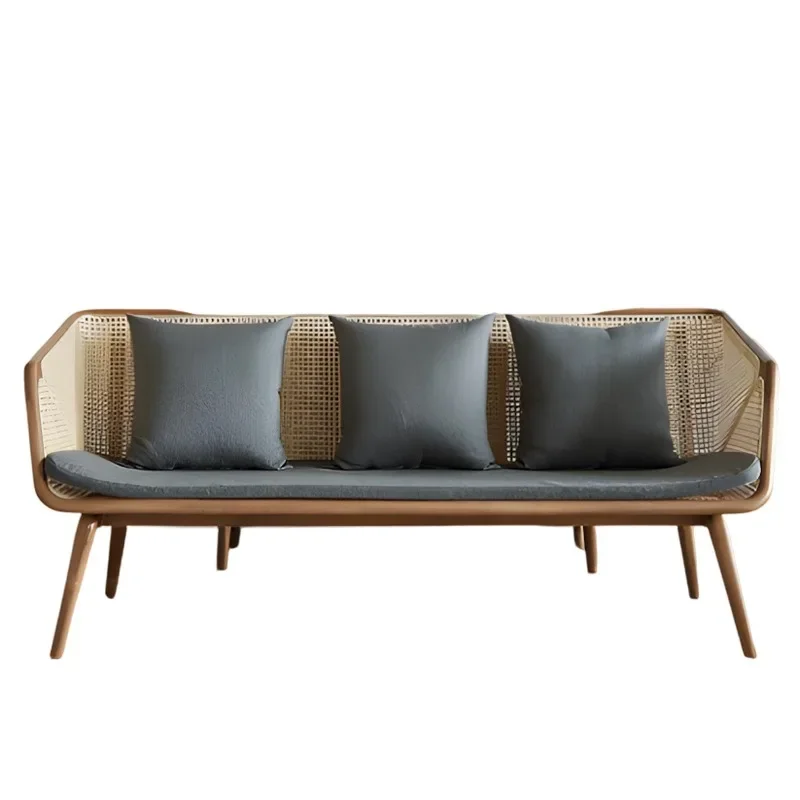 Rattan solid wood sofa, log retro ins straight row single double triple sofa combination living room small apartment