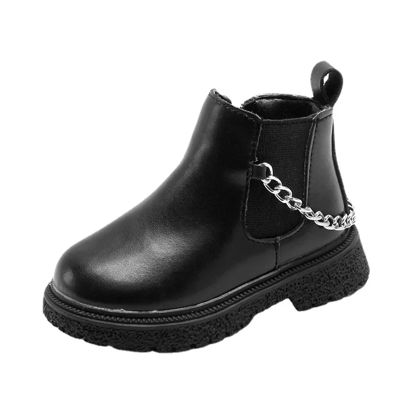 Girl\'s Boot British Style Kids Leather Boots Autumn Winter Boys Solid Chain Ankle Boot Fashion Children\'s Sneakers Botas Mujer