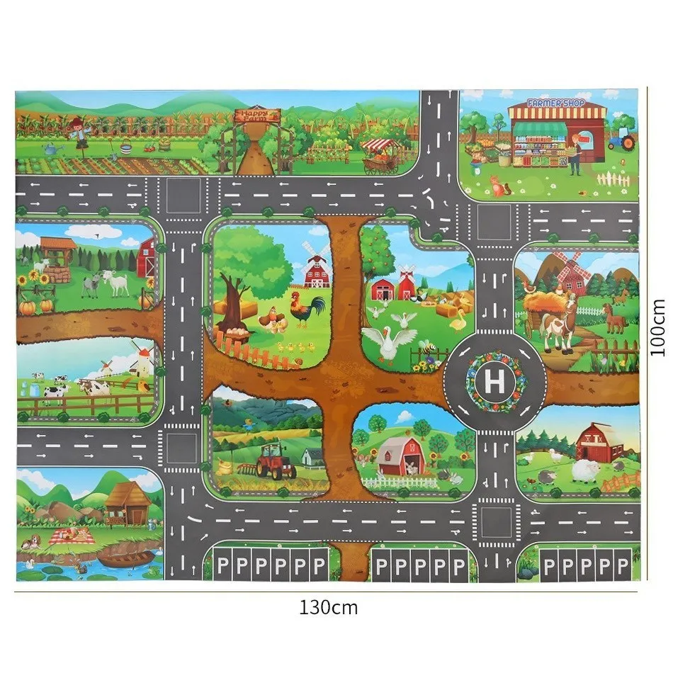 Tapete de juego para niños, superficie de actividad, mapa impermeable, juguete de carretera de animales para niños, alfombra portátil de carretera