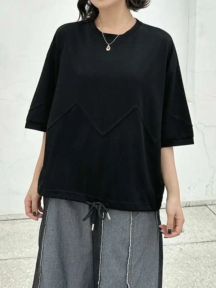 Women Black Hem Drawstring Spliced Big Size T-shirt New Round Neck Short Sleeve Fashion Tide Spring Summer