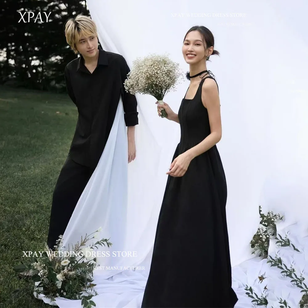

XPAY Simple Black Square Collar Straps Evening Party Dresses Korea Photo shoot Wedding Straight Classic Formal Gowns Customized