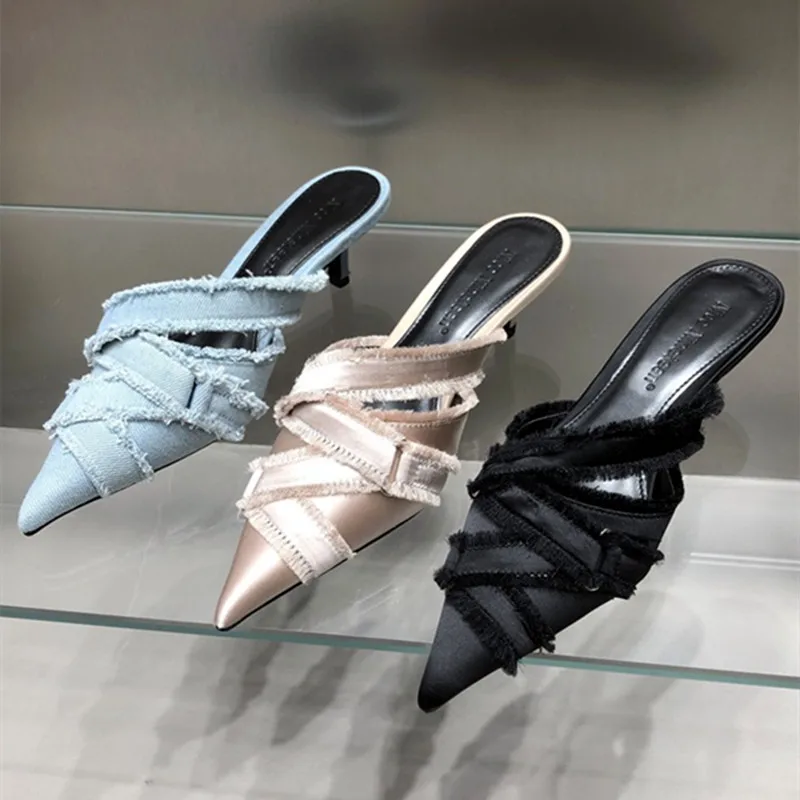 Sexy Denim Low Heel Slippers Women Summer Elegant Sandals Shallow Pointed Toe Mules Stripper High Heel Pumps Ladies Slide Shoe