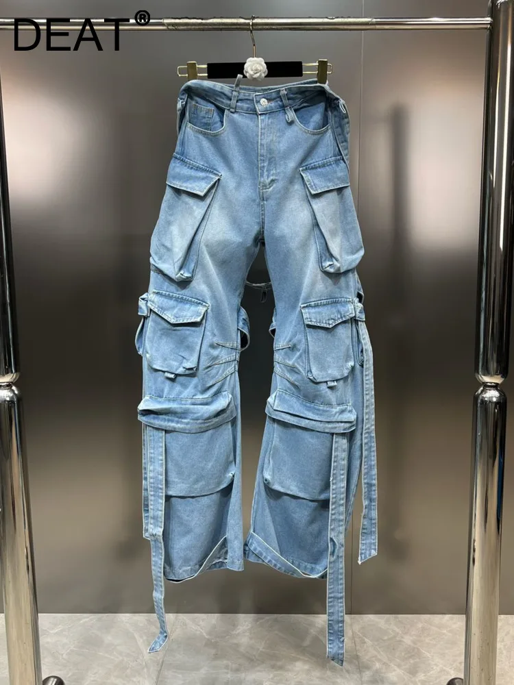 

DEAT Belt Bandage Multiple Pockets Jeans For Women Fashion Trendy Hollow Out Spliced Cargo Pants Female 2024 Spring New 11XX8569