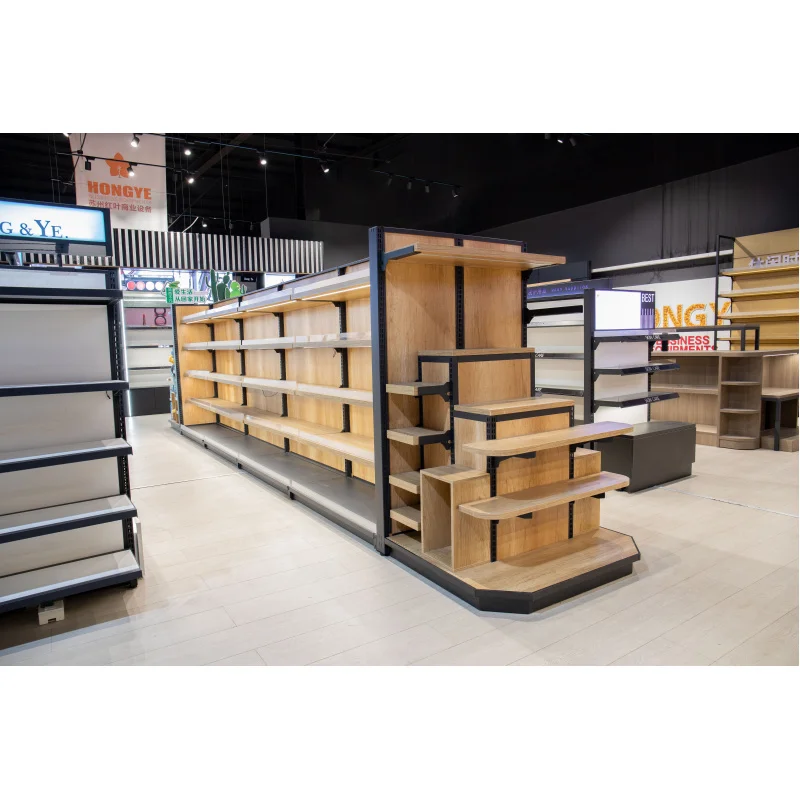 Personnalisé. Magasin de détail Étagères d'affichage en bois et acier Utilisation sur supermarché