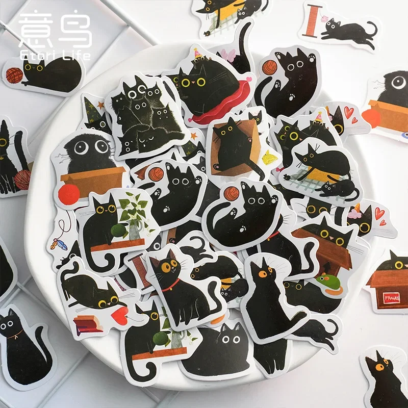 46pcs/box Cute Cat Sticker Creative Kawaii Black Kitten Playing Sticker Lovely Stationery Sticker for DIY Decorative Scrapbook