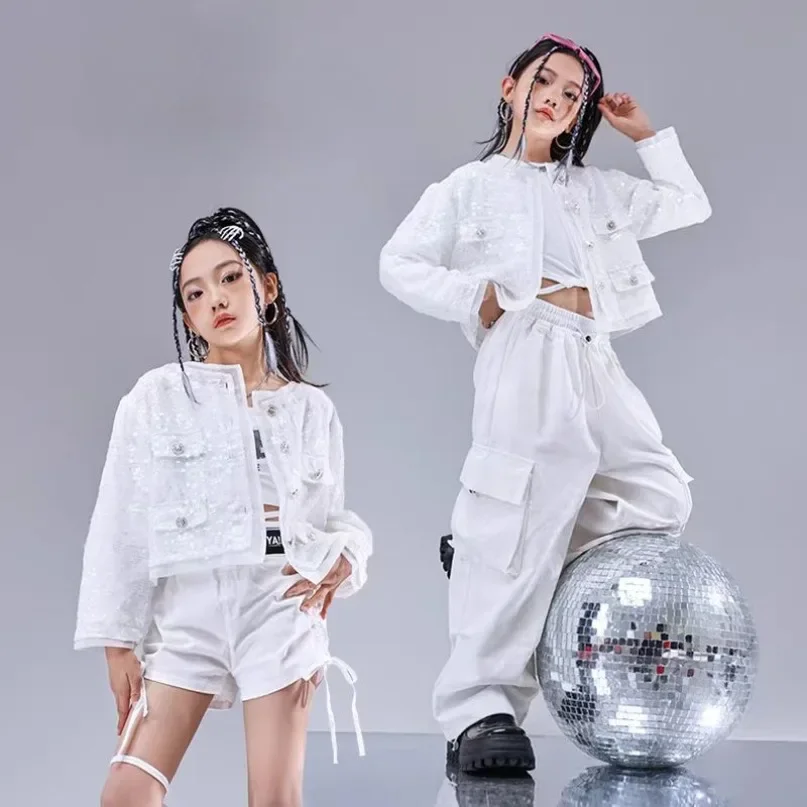 Jazz Teenager Kids Group Hip Hop Dance Performance Outfits Loose White Sequin Design Girls Walkout Clothes Set 10 12 13 14 Years