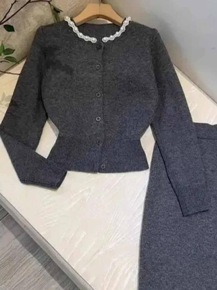 Korean Chic Solid Knitted Two Piece Set Women Elegant Cardigan + Midi Skirt Set Grey Sweater Party Office Lady Clothes 2025 New
