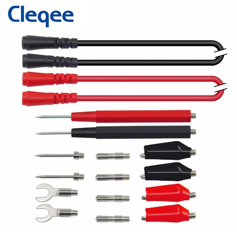 Cleqee P1500 16PCS Zestaw przewodów pomiarowych do multimetru Wymienne sondy testowe + zacisk krokodylkowy + wtyczka widełkowa + wtyczka bananowa 4mm uniwersalna