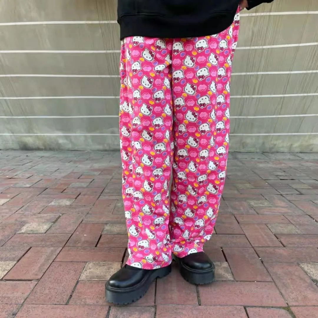 Sanrio Hello Kitty Full Print Cute Casual Pants Spring Autumn Loose Wide Leg Plush Pants Korean Style New Trend Versatile Pants