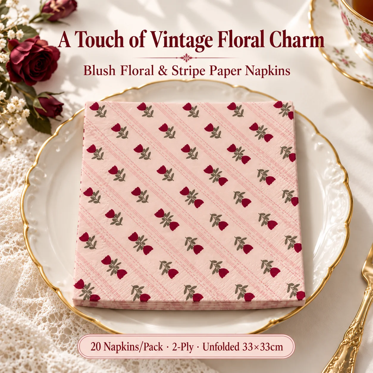 20pcs Vintage Floral Paper Napkins 2-Ply 33x33cm Blush Pink Striped Serviettes for Tea Party Wedding Table Decor