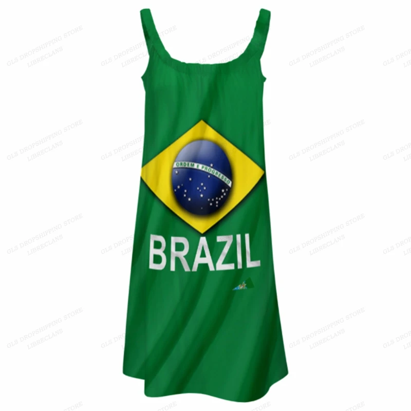 Brazil Flag Dress Women Fashion Bohemian Spaghetti Strap Dresses Party Evening Sexy Boho Beach Dress Midi Sundress Casual Loose