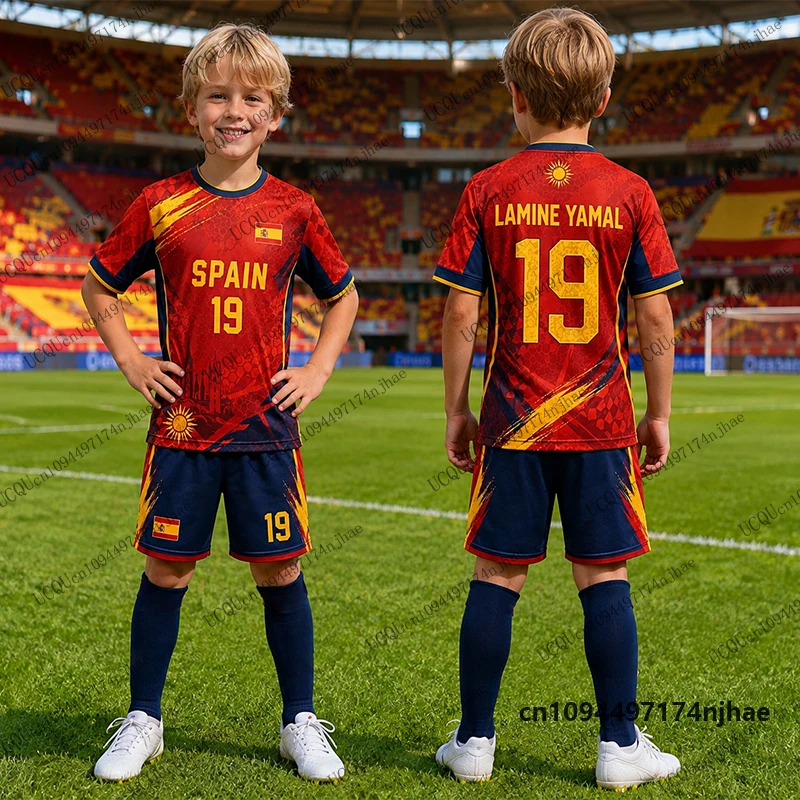 2026 Children's Tracksuit Football Jersey Yamal No.19 Print T-Shirt+Shorts Sets Spain Fans Suit Sports Kids/Adult 2 PCS Outfits