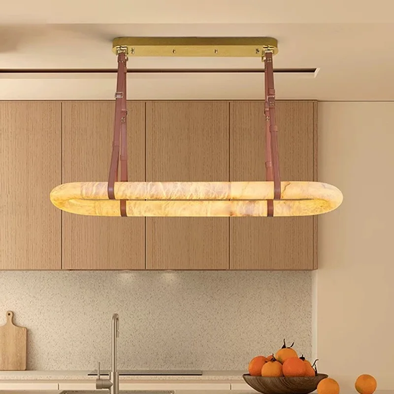 

2025 New Marble Pendant Light - Oval Dimmable Chandelier with Leather Straps for Restaurant & Villa Ceiling
