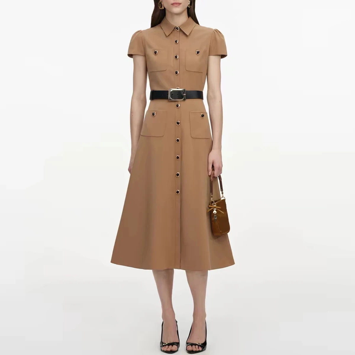 

Vintage Shirt Dress Women Puff Short Sleeve Collar A-Line Midi Dress Elegant Belted Button Down Pocket Party Dress Office Lady