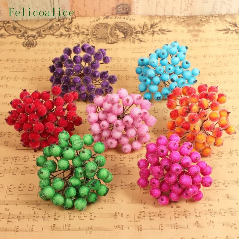 40 Heads Mini Plastic Fake Fruit Small Berries Artificial Flower Cherry Bouquet Stamen Wedding Home Christmas Decorative