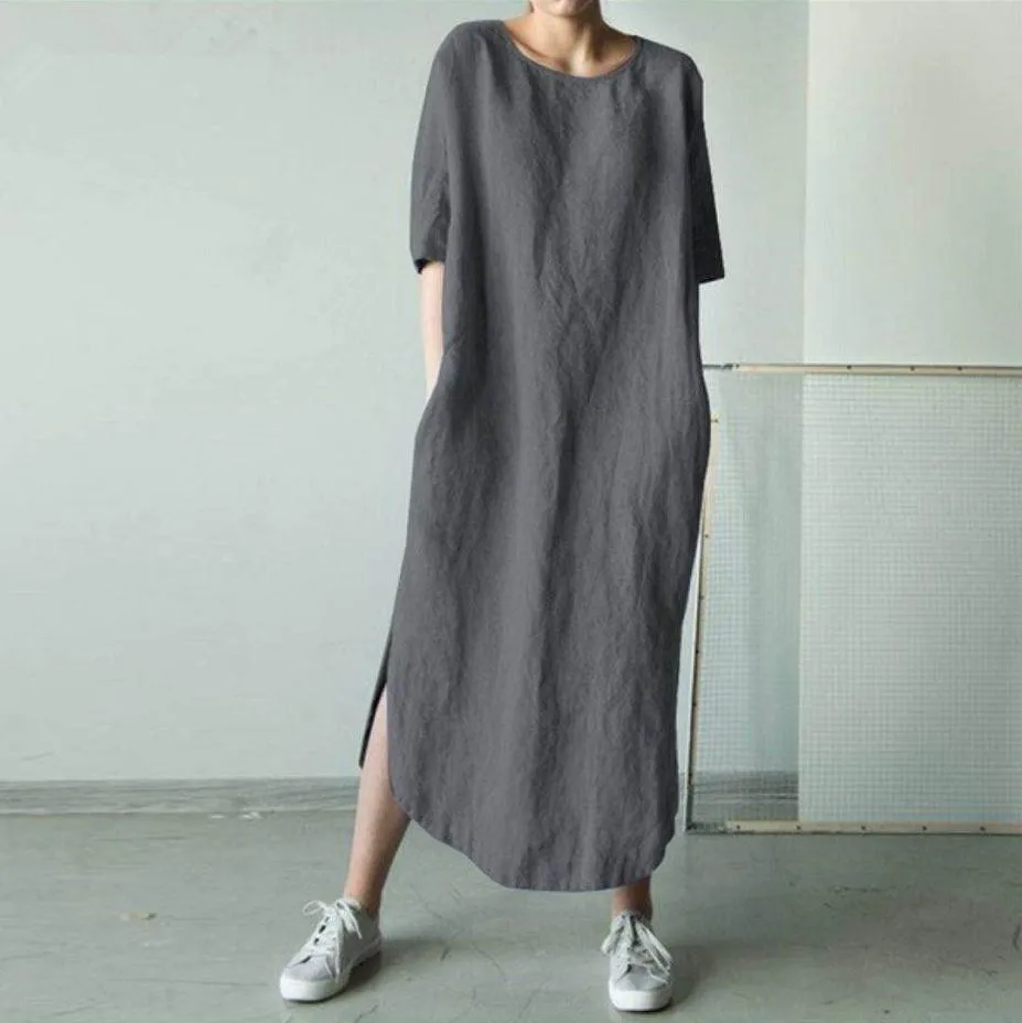 Women Casual Maxi Home Dress Short Sleeve O‑Neck Loose Side Slit With Pockets Summer Daily Lounge Long Dress