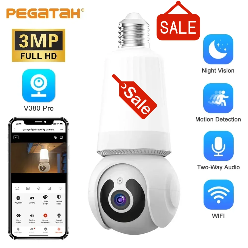 

PEGATAH WiFi 3MP Bulb Camera 2 in1 IP Surveillance Camera Full Color Night Vision Human Detection CCTV Wireless Camera