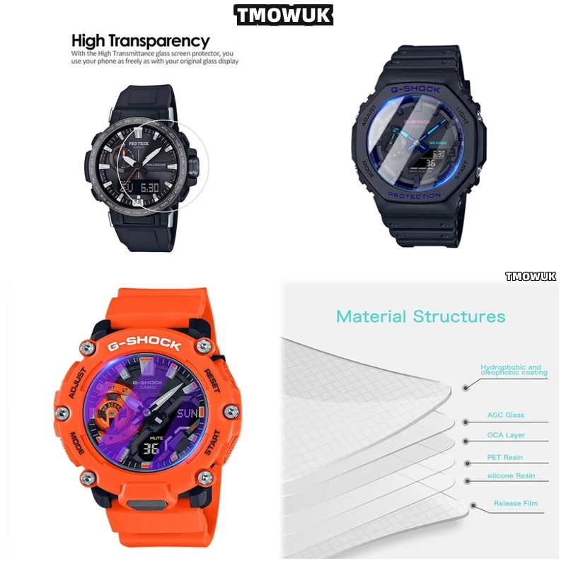 

For GA100 6100 TR770 Pro-Trek EFR 303 GA-2200 GA-2100 GST-W300 - 9H Anti-Scratch Tempered Glass Watch Film - HD Clear Prot