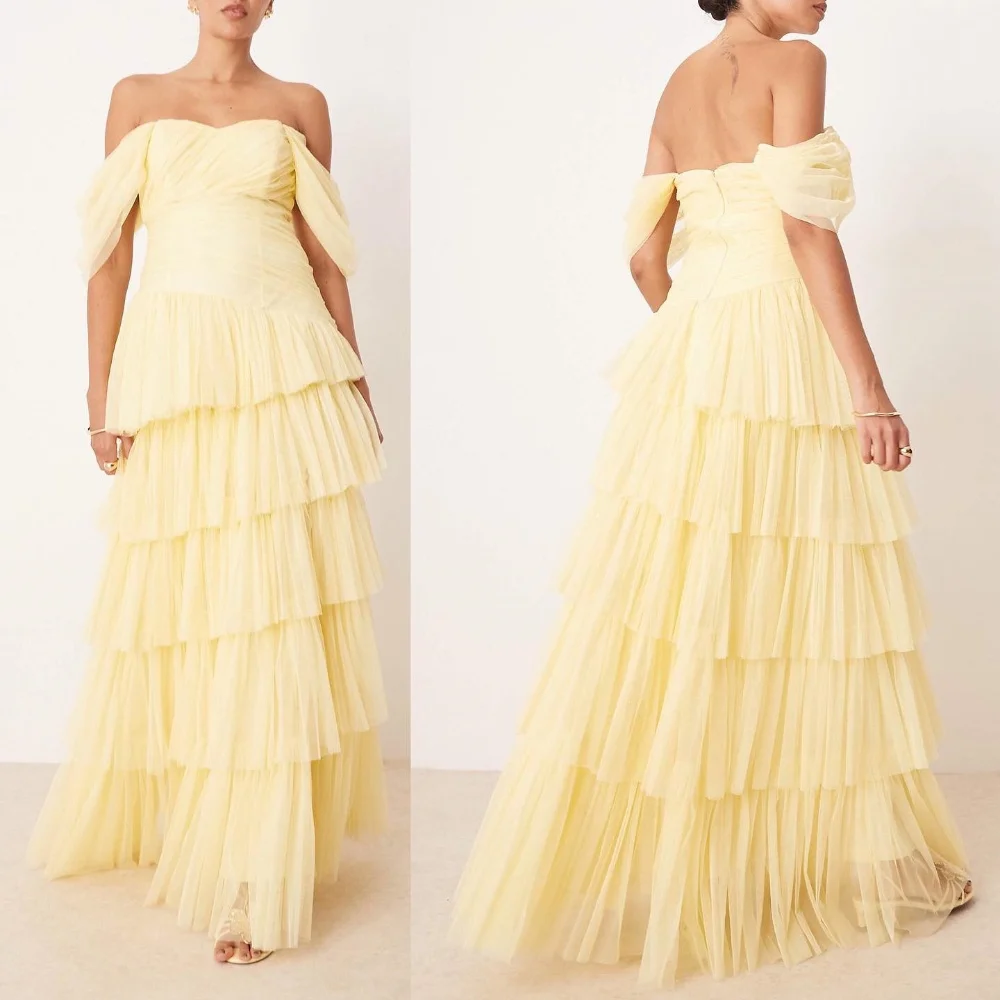 

Sexy Matching Tulle Pleat Ruched Tiered A-line Off-the-shoulder Long Dresses Bespoke Occasion Dresses Fashion High Quality Retro