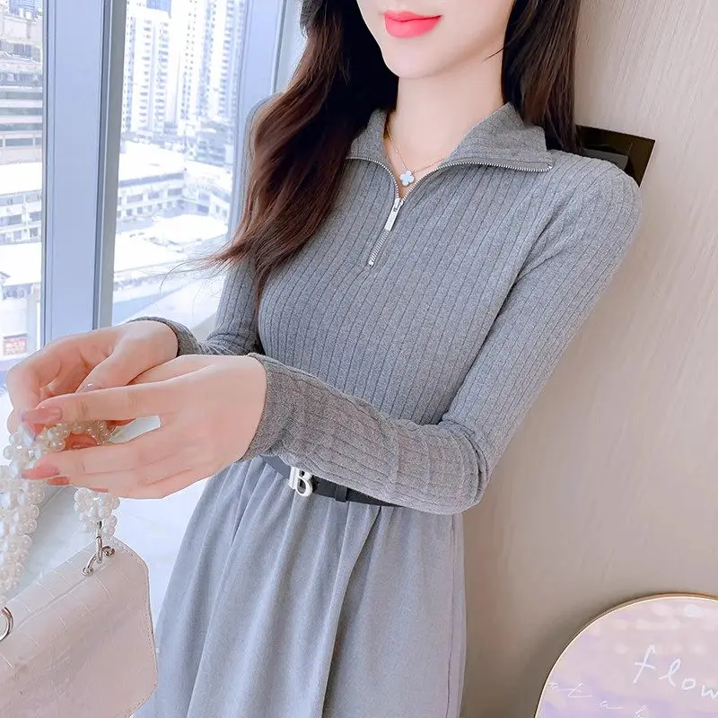 Fashionable And Elegant Knit Dress 2023 Autumn Winter New Korean Edition Zip Collar High Waist Slim Long Sleeve Long Dress Z2882