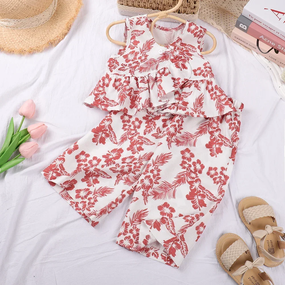 Summer New Fashionable Girl Sleeveless Printed Shirt+Wide Leg Pants Set with Retro Flower Style Two Piece Girl Clothing image 3