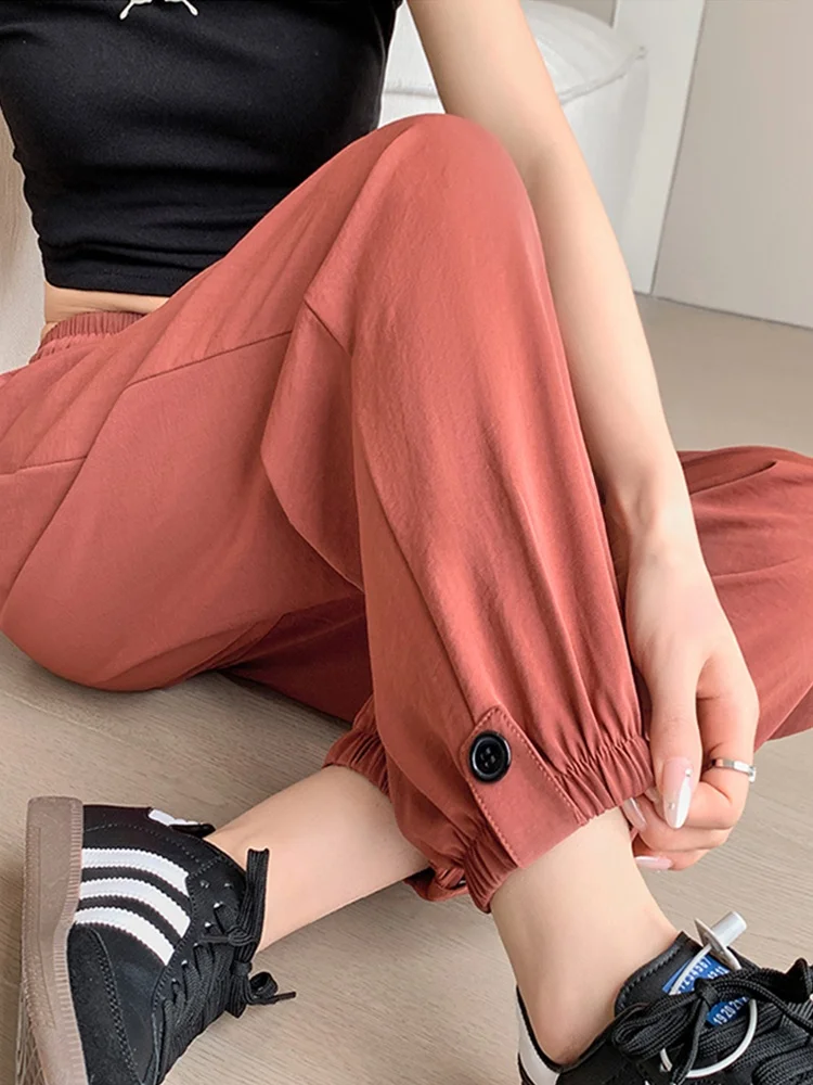 

Шаровары из ледяного шелка, хлопковые льняные брюки, женские летние американские брюки Qui Dry, спортивная рабочая одежда, двусторонние брюки с манжетами, тонкие широкие брюки, повседневные...