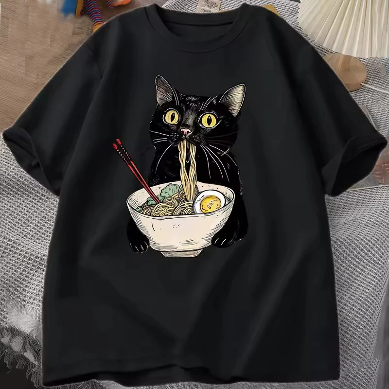 Retro Baumwoll-Nudel-Ramen-Katzen-T-Shirt, Foodie-Liebhaber-T-Shirts, Schwarze Katzen-T-Shirts, Lässiges Kurzarm-T-Shirt für Männer und Frauen – Detail 3