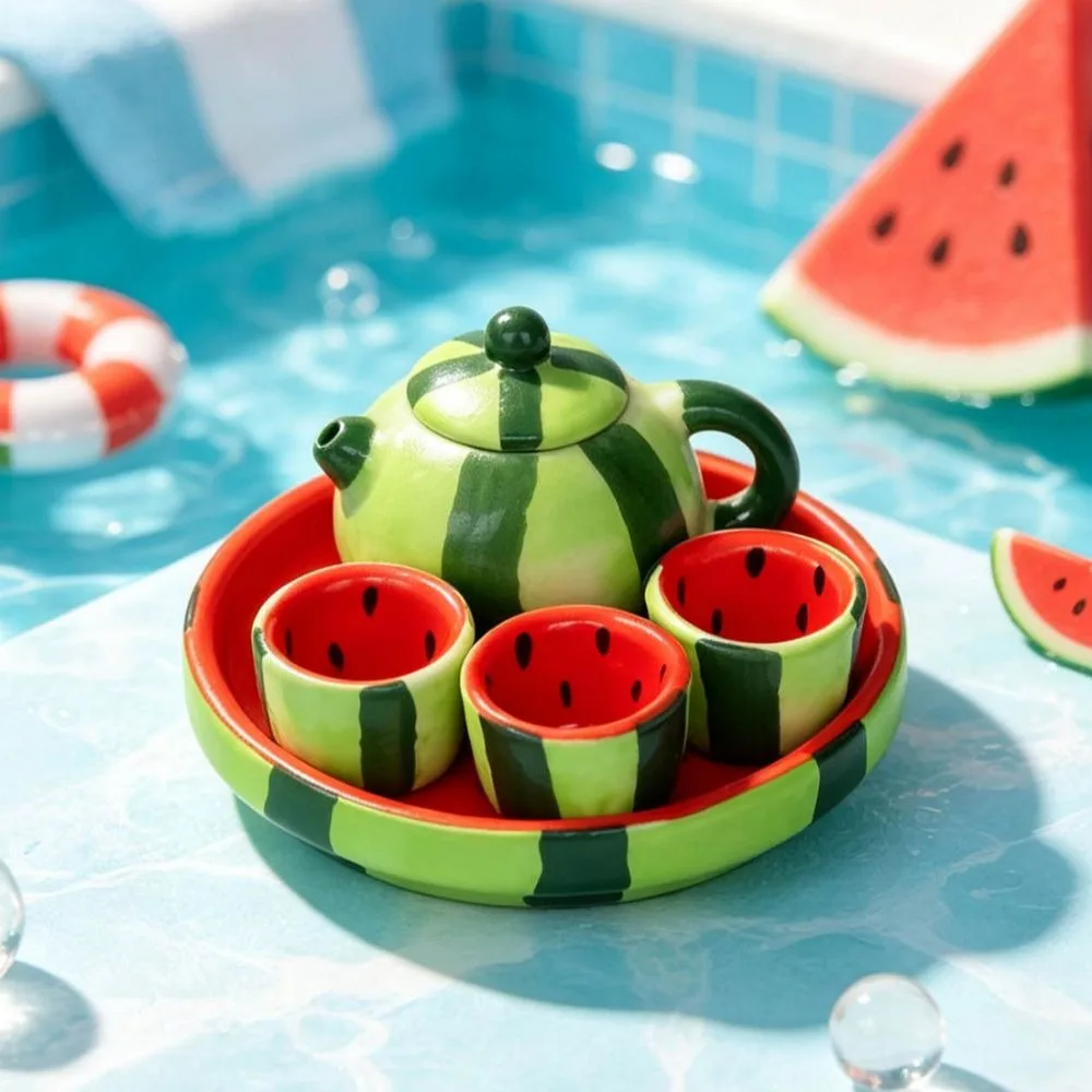 Children Pretend Play Ceramic Miniature Tea Set Cherry Watermelon Mini Teapot Fruit Shaped Strawberry Tea Cup Set